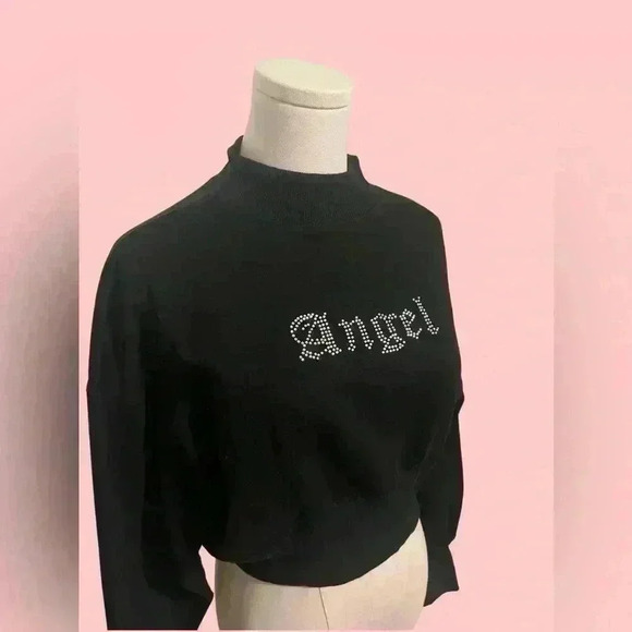 Y2K Angel Inspired Embellished Cropped Sweater – Black Mock Neck size S - Picture 2 of 4